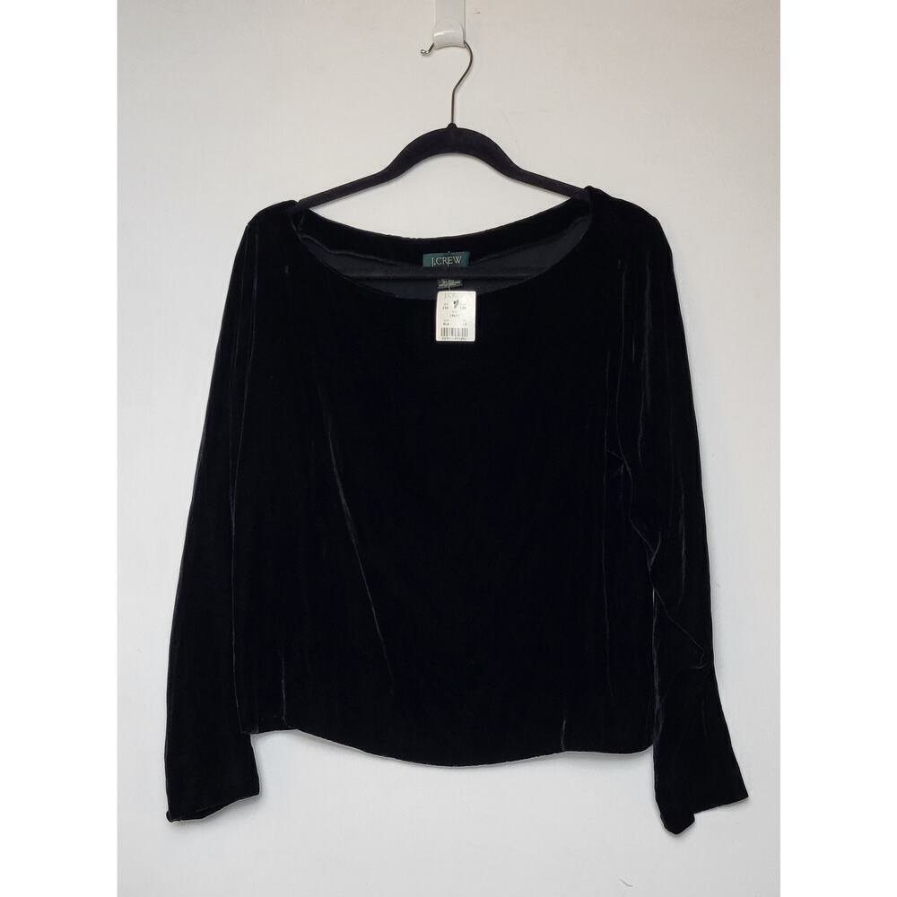 J. Crew Black Velvet Velour Long Sleeve Top Silk Blend Boatneck Size 12 NWT
